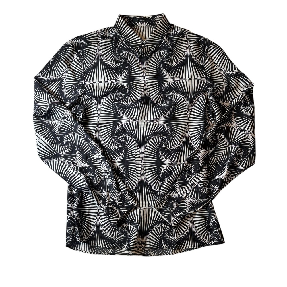 Vintage GIANNI VERSACE Silk Black And White Optical Illusion Shirt Size 40